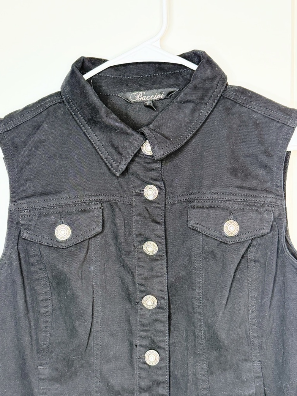 Baccini Black Denim Vest Womens Button Front Stretch Jean Jacket Size L - Picture 2 of 7